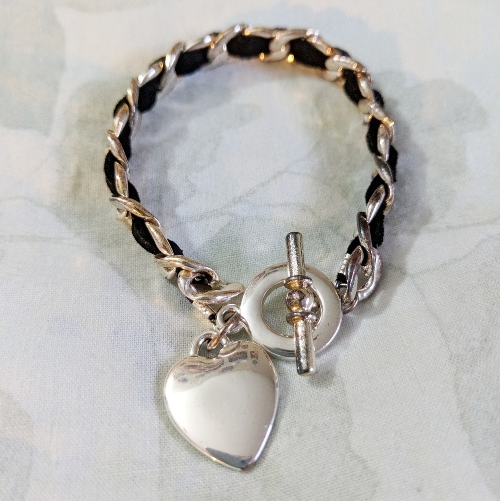 Silver Chain Bracelet with Black Ribbon and Charm